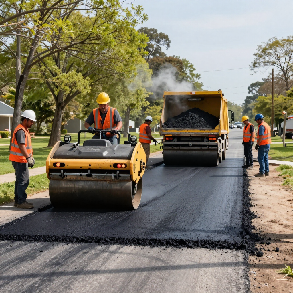 Road crew paving fresh black asphalt with rollers and dump truck on a tree-lined street.