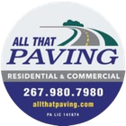 All That Paving logo with road graphic, &ldquo;Residential & Commercial,&rdquo; phone number, and website on blue circle