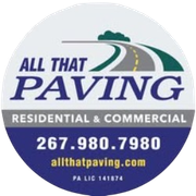 All That Paving logo with road graphic, &ldquo;Residential & Commercial,&rdquo; phone number, and website on blue circle