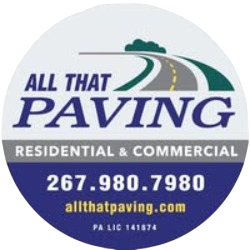 All That Paving logo with road graphic, &ldquo;Residential & Commercial,&rdquo; phone number, and website on blue circle