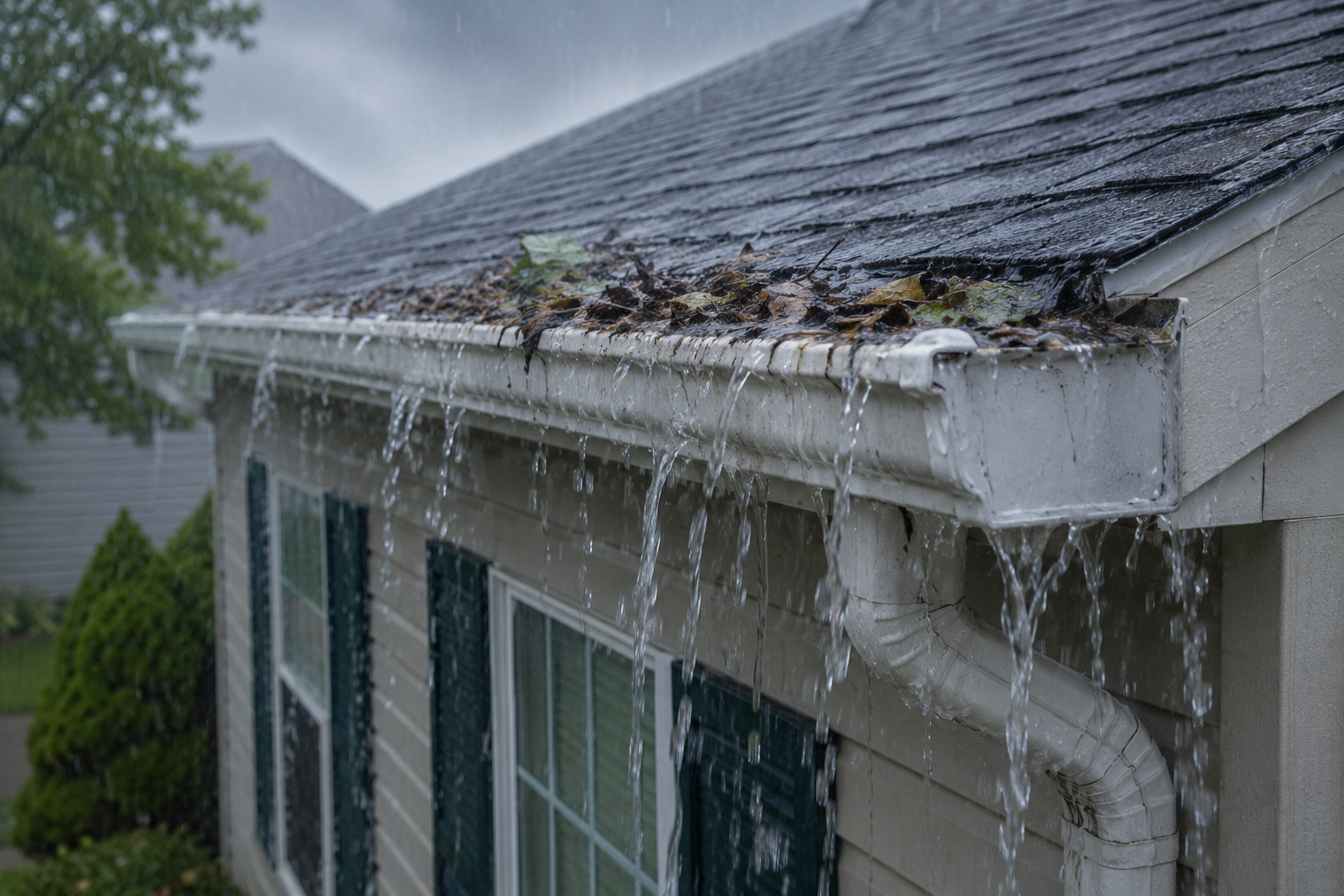 Icicles hanging from a house roof and gutter during winter rain.