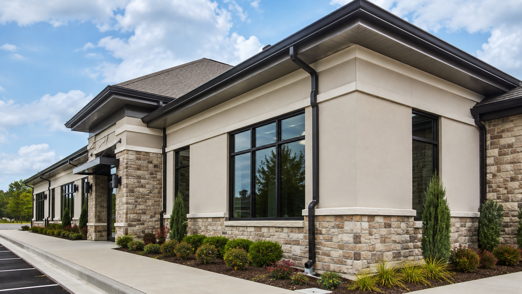 Commercial building with professionally installed gutters