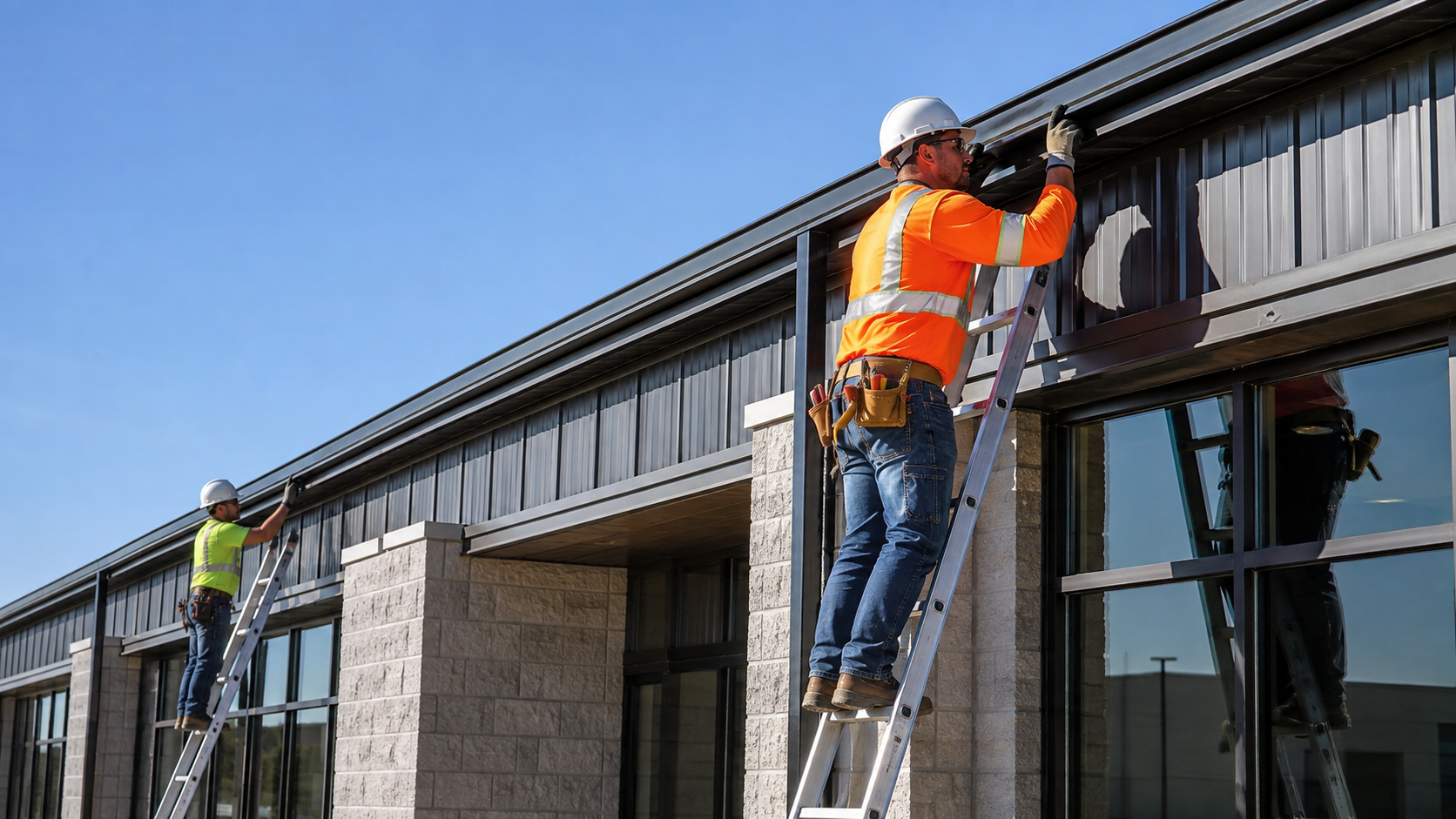 Crew installing gutters on a commercial building