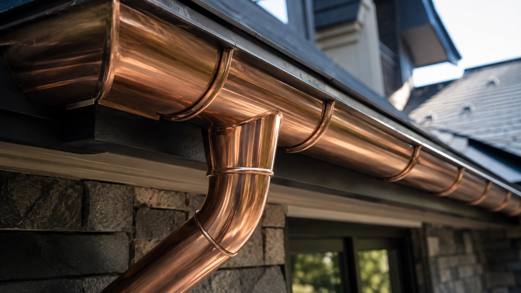 Close-up of commercial gutter and downspout installation