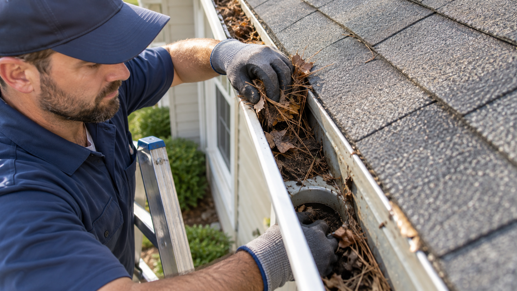 Gutter technician removing leaves and debris from a residential gutter in Columbus, Ohio