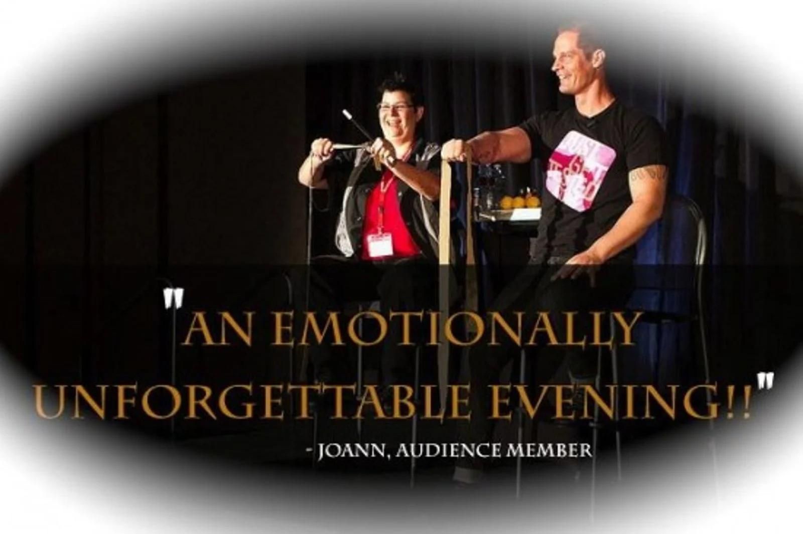 Two people on stage beside a microphone, with quote text: “An emotionally unforgettable evening!”