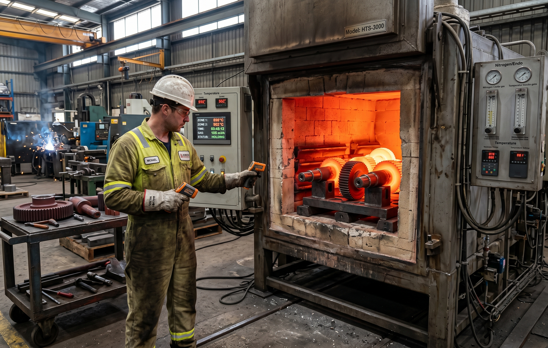 Worker in a factory operates a large furnace glowing orange with hot metal inside.