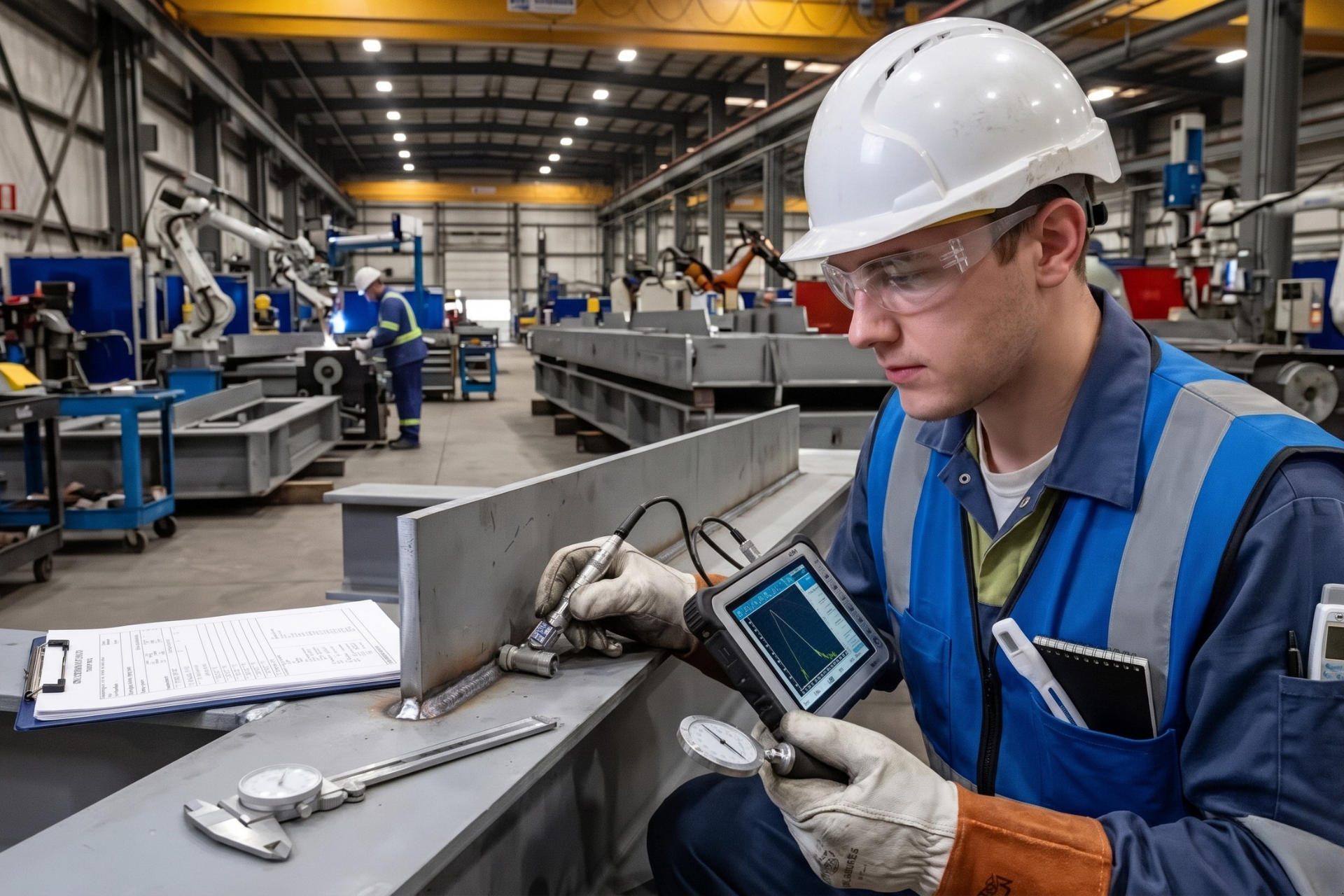 Technician in hard hat using a tablet to inspect metal parts in a factory workshop