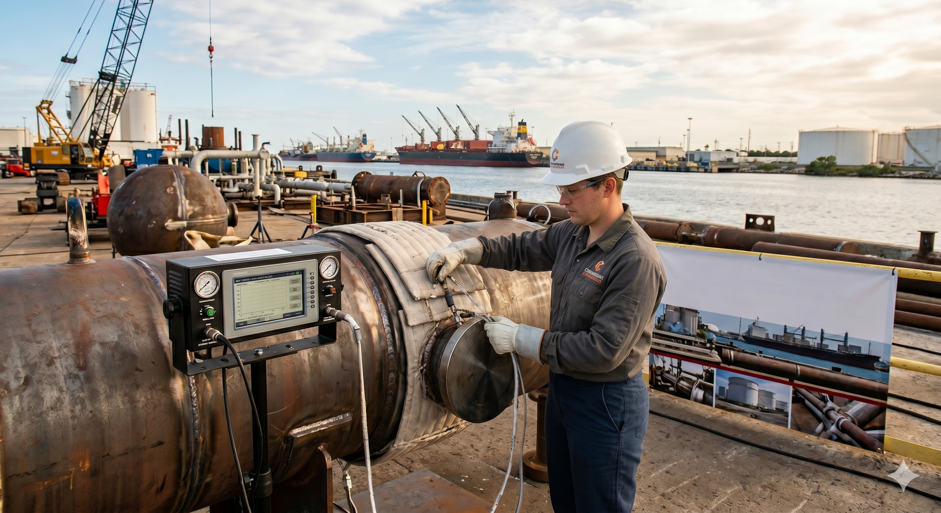 A technician in safety gear uses a diagnostic device to inspect a large metal pipe at a busy industrial port.