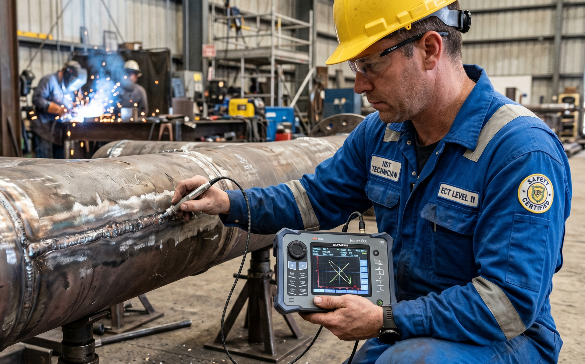 Technician in blue coveralls uses a handheld device to inspect a large metal pipe in an industrial workshop