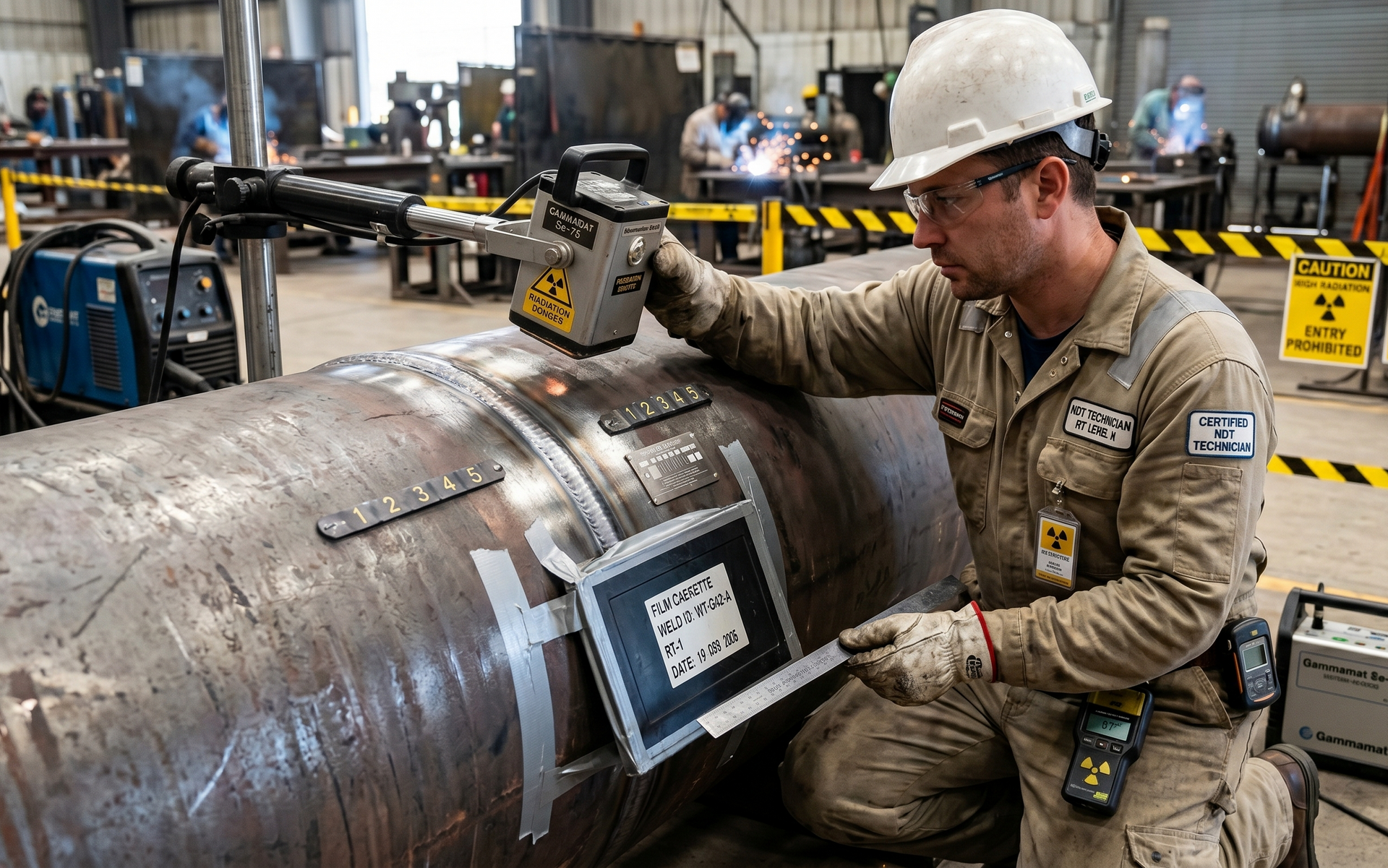 Worker in hard hat inspects a large metal pipe in an industrial workshop.