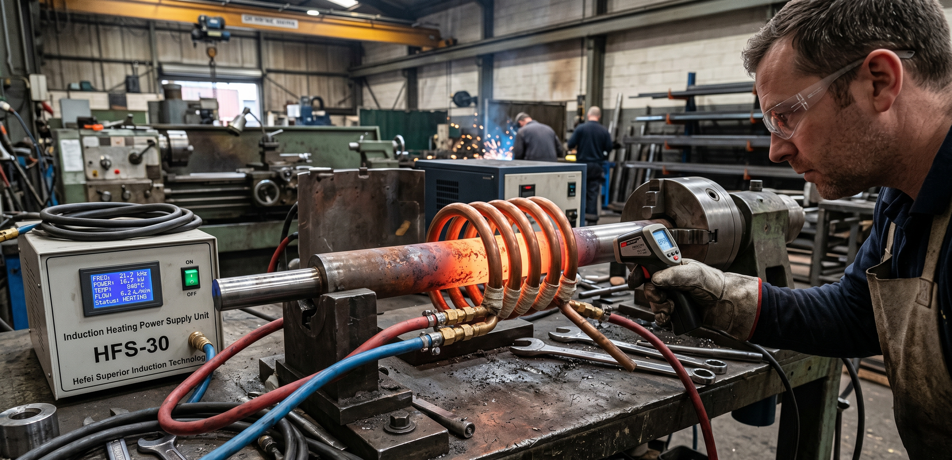 Technician using an induction heater on a metal pipe in an industrial workshop
