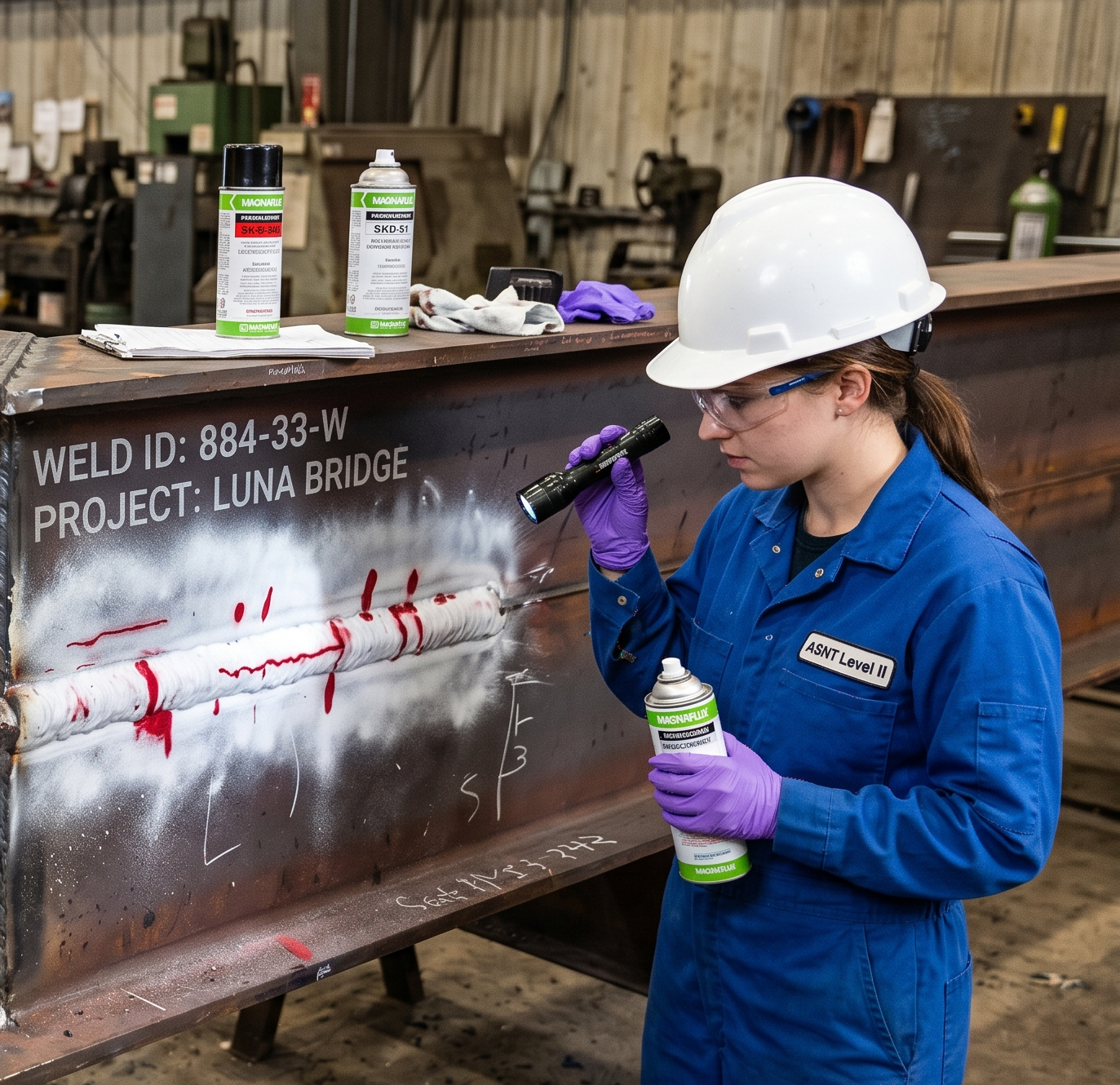 Worker in blue coveralls and hard hat spray-paints a metal beam in a workshop.