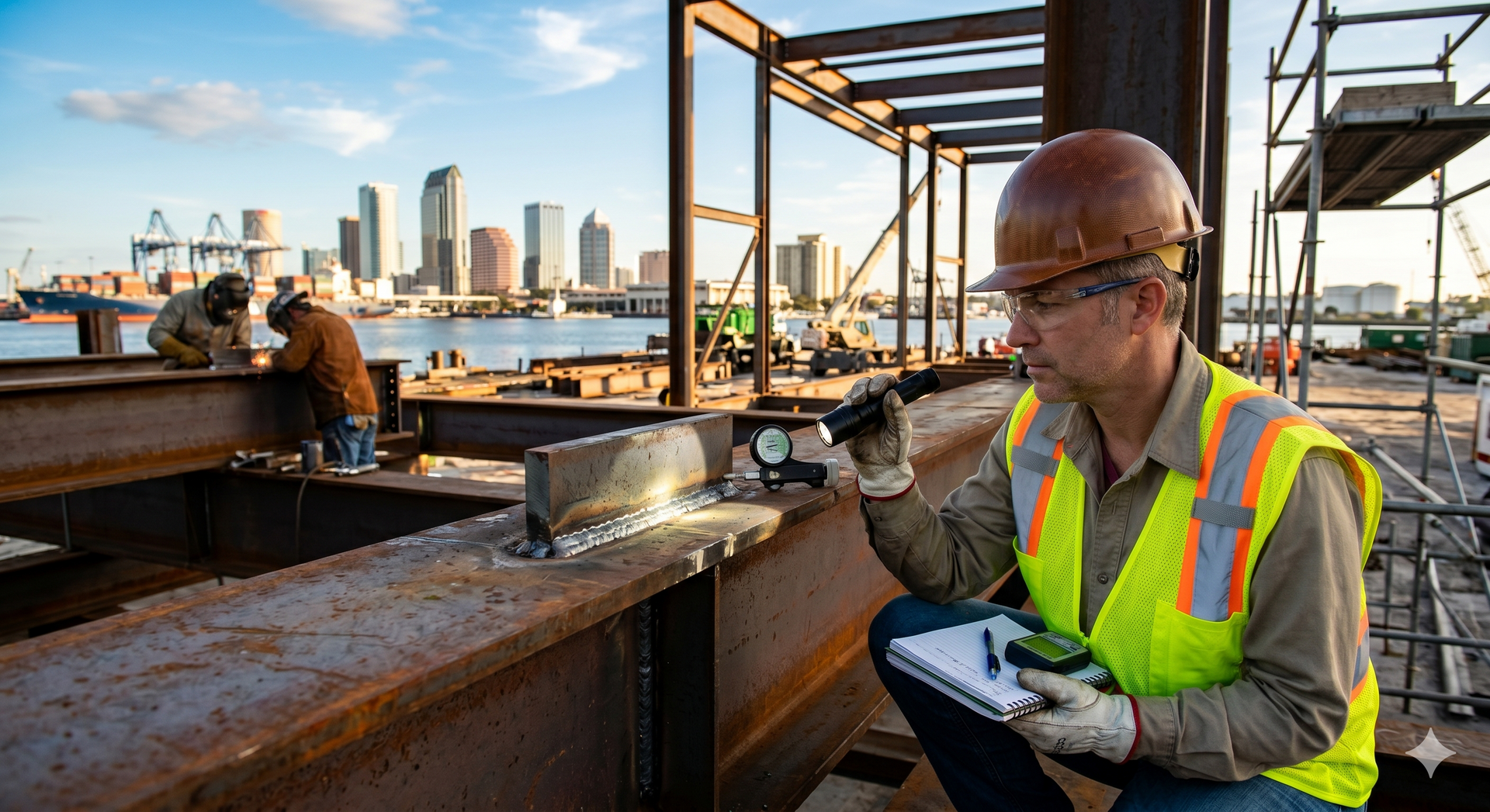 A safety inspector in a hard hat and orange vest examines a welded industrial pipe with a flashlight at a refinery.