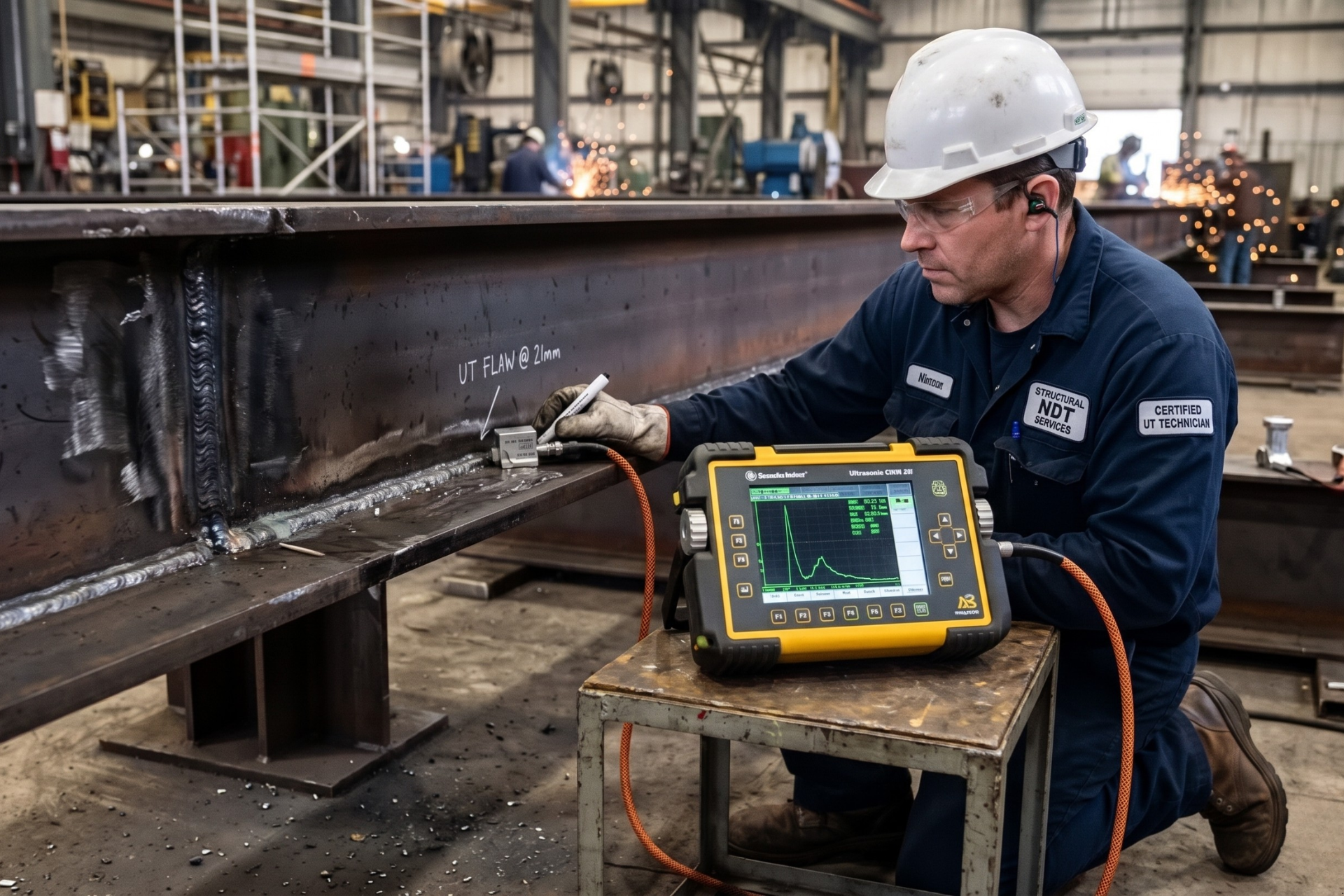Technician in hard hat inspects a steel beam with a handheld testing device in an industrial workshop