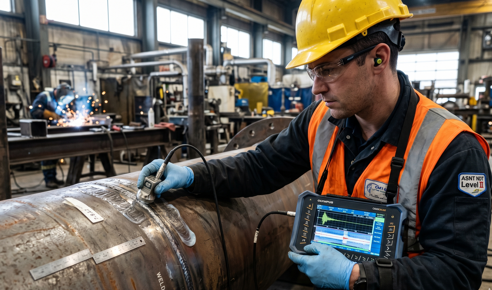 Worker in yellow hard hat inspects a metal pipe in a factory using a tablet and blue gloves