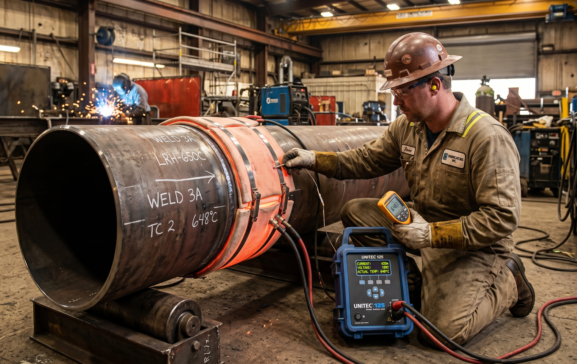 Welded metal pipe section in a workshop, with a worker using a welding machine beside it.