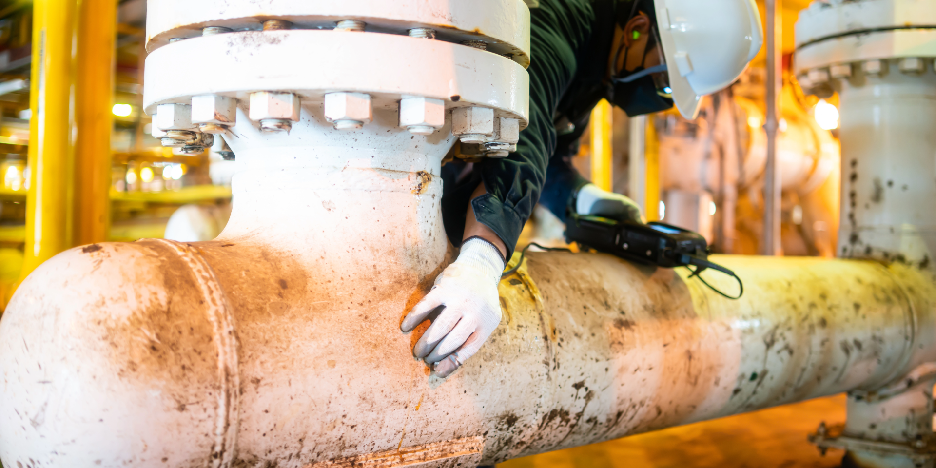 Worker in white gloves inspecting a large rust-streaked industrial pipe in a plant.