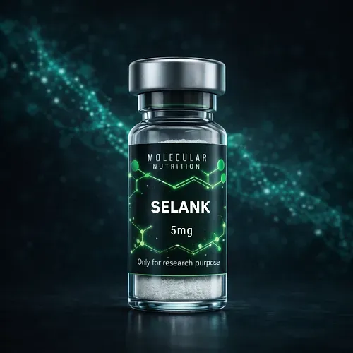 Dark vial labeled “SELANK 5mg” with green molecular graphics on a black background.