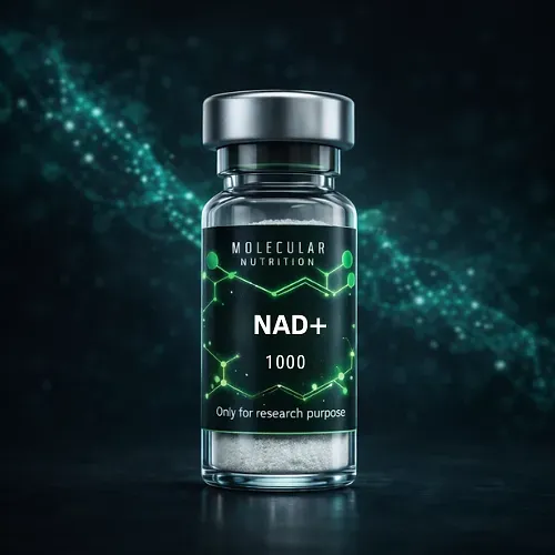 Dark glass vial labeled “NAD+ 1000” with green molecular graphics on a black background