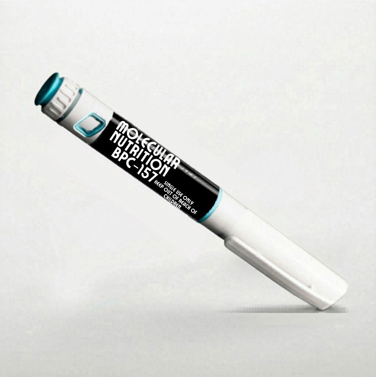 White and black marker pen with teal cap, angled on a light gray background