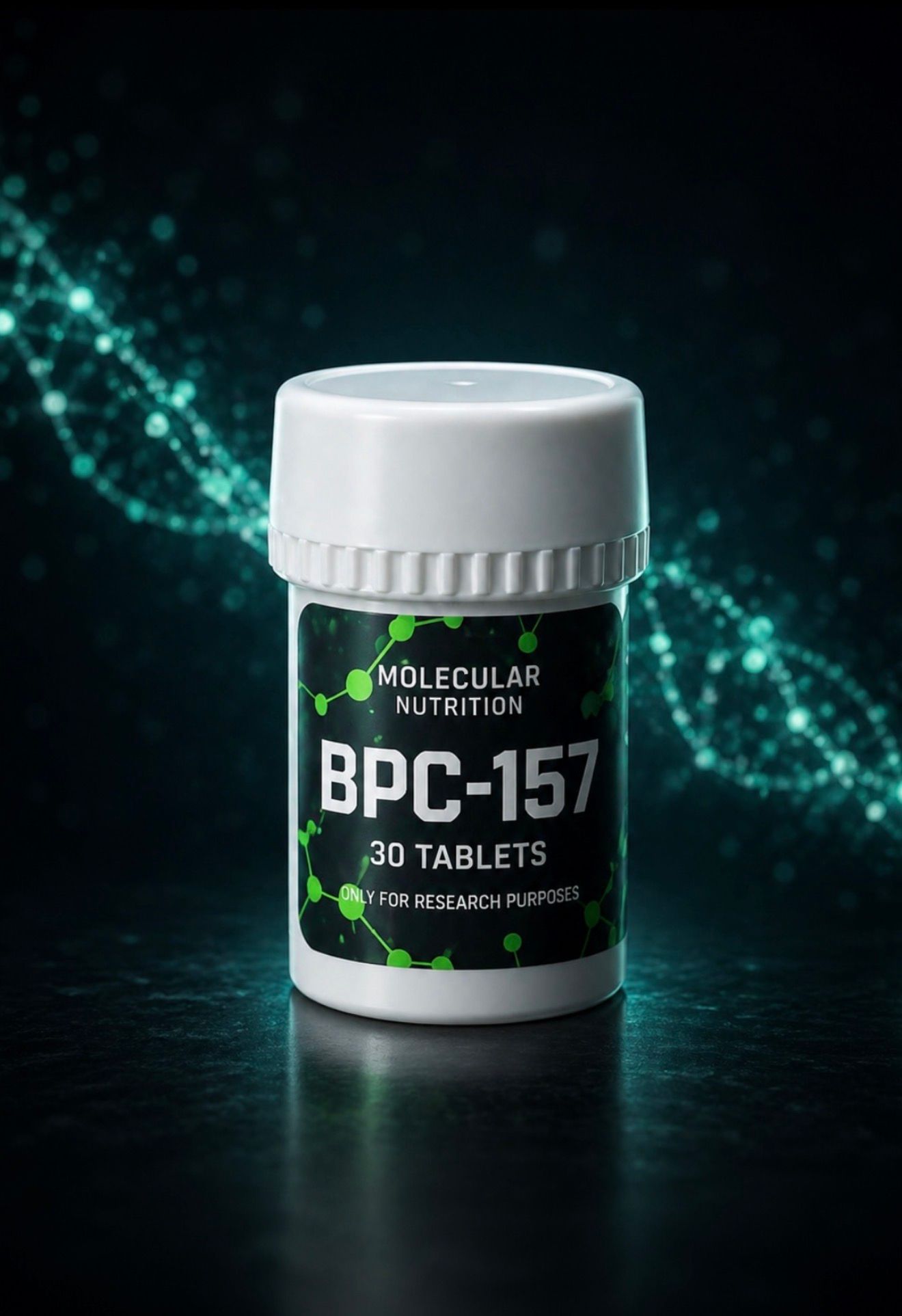 BPC-157 supplement bottle with white cap on dark background with teal digital lines