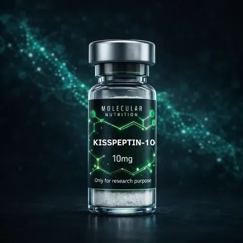 Glass vial labeled “Kisspeptin-10 10mg” with green molecular graphics on a dark background