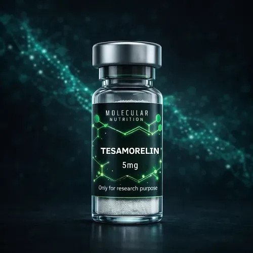 Tesamorelin 5mg vial on dark green background with glowing molecular design