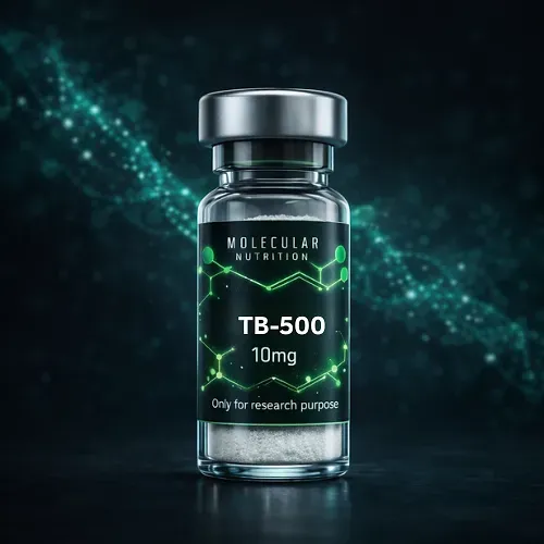 Glass vial labeled “TB-500 10mg” with green molecular graphic on a dark background