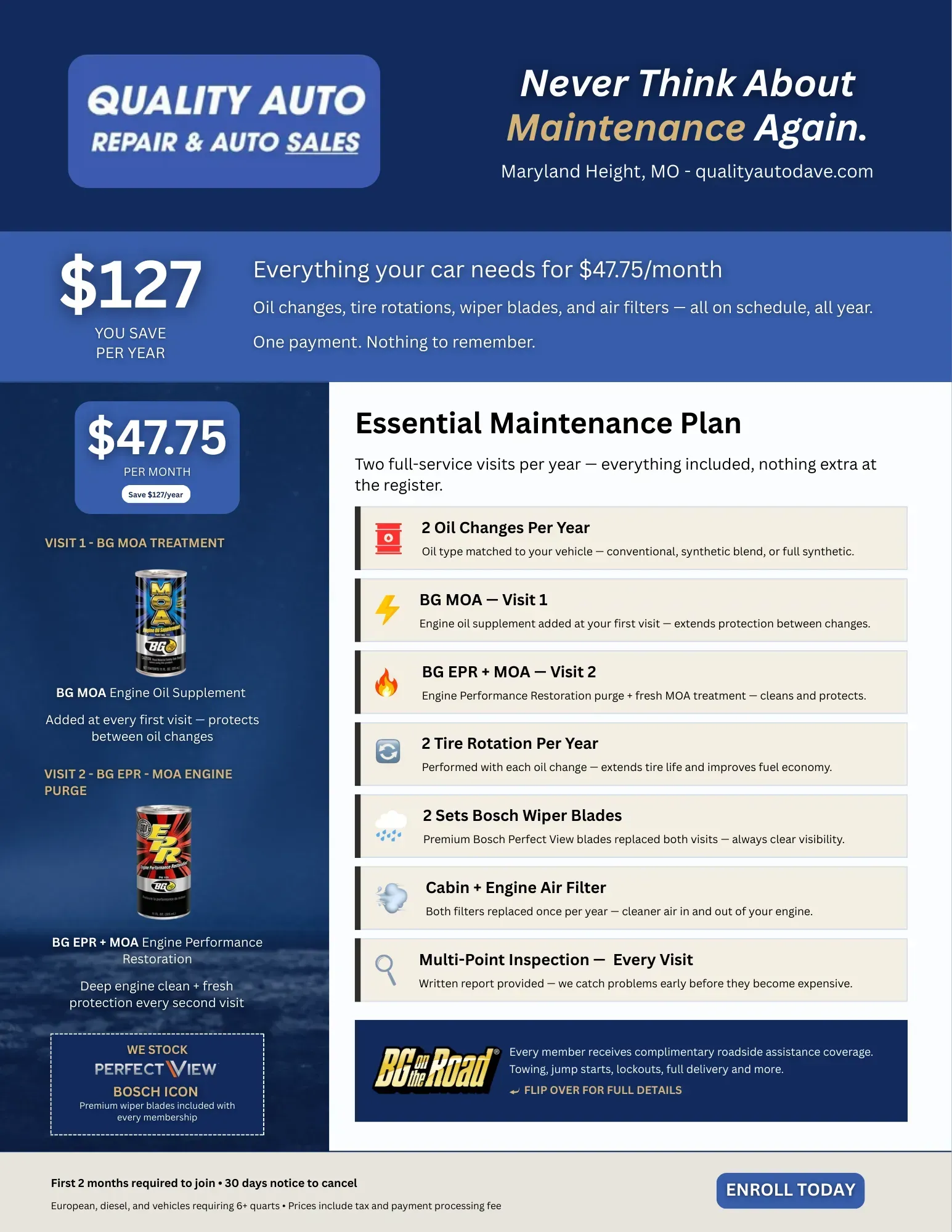 Quality Auto Repair & Auto Sales maintenance plan ad with $127 and $47.75 pricing on a blue background | Quality Auto Repair Tire & Auto Sales