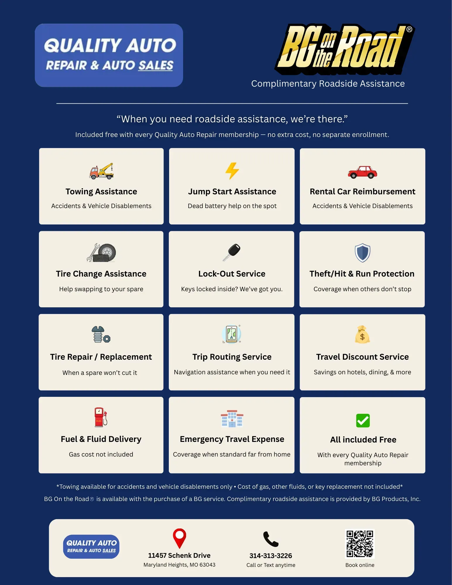 Blue and white auto repair ad for BG-Road, with service icons and contact details. | Quality Auto Repair Tire & Auto Sales