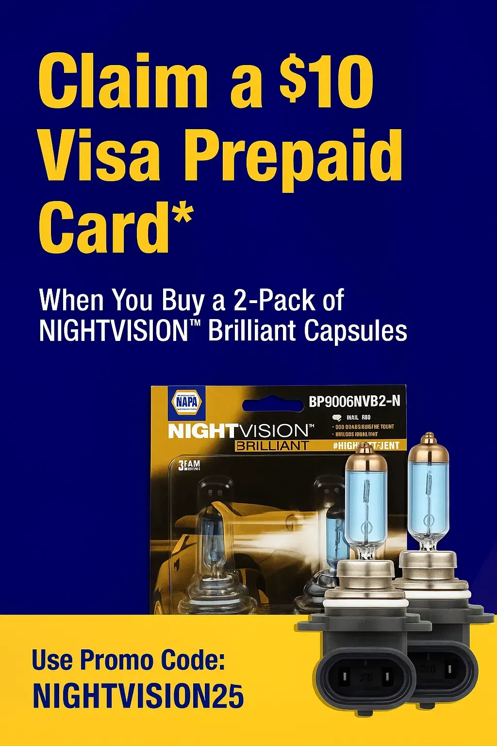 Night Vision promo ad: claim a $10 Visa prepaid card with 2-pack buy, blue background, yellow text. | Quality Auto Repair Tire & Auto Sales