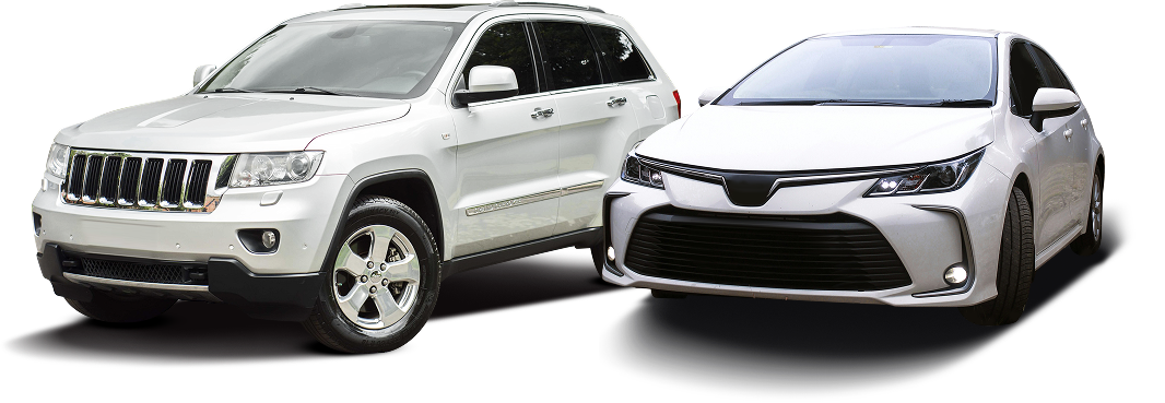 White SUV and silver sedan on a white background, angled toward the viewer. | Quality Auto Repair Tire & Auto Sales