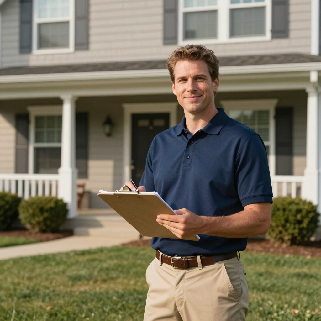 Man holding a clipboard in front of a house, wearing a navy polo and khaki pants.