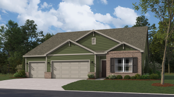 House exterior with green siding, brick facade, and two-car garage under a blue sky.