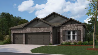 Brick and siding house with a three-car garage, brown shutters, and a front yard under a blue sky.