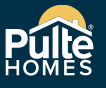Pulte Homes logo: White text on blue background. A house outline over a yellow sun.