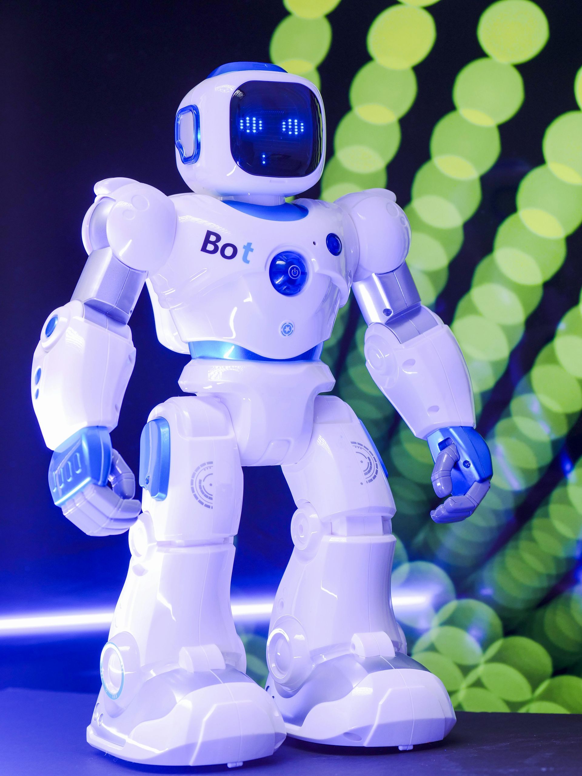 White and blue robot toy with 