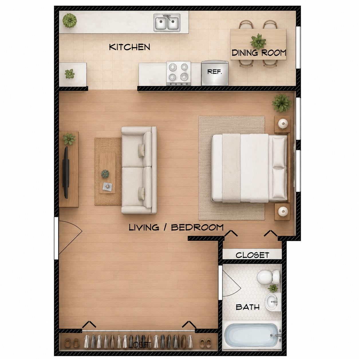 Apartment floor plan with kitchen, dining room, living/bedroom, bath, and closets.