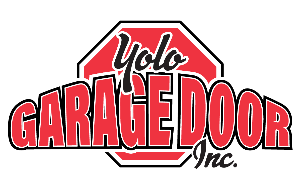 A red and white logo for yolo garage door inc.