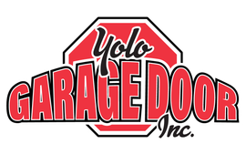 A red and white logo for yolo garage door inc.