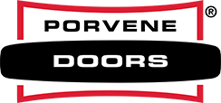 A black and red logo for porvene doors on a white background.