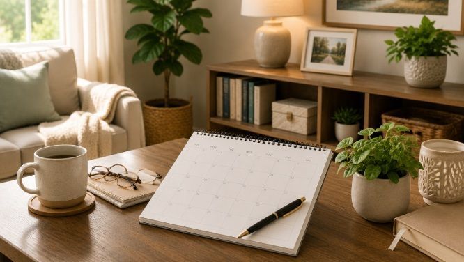 Funeral planning calendar and organized workspace for families exploring funeral homes Dartmouth, MA