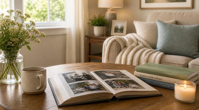 living room with photo album and warm decor, representing funeral homes Dartmouth, MA