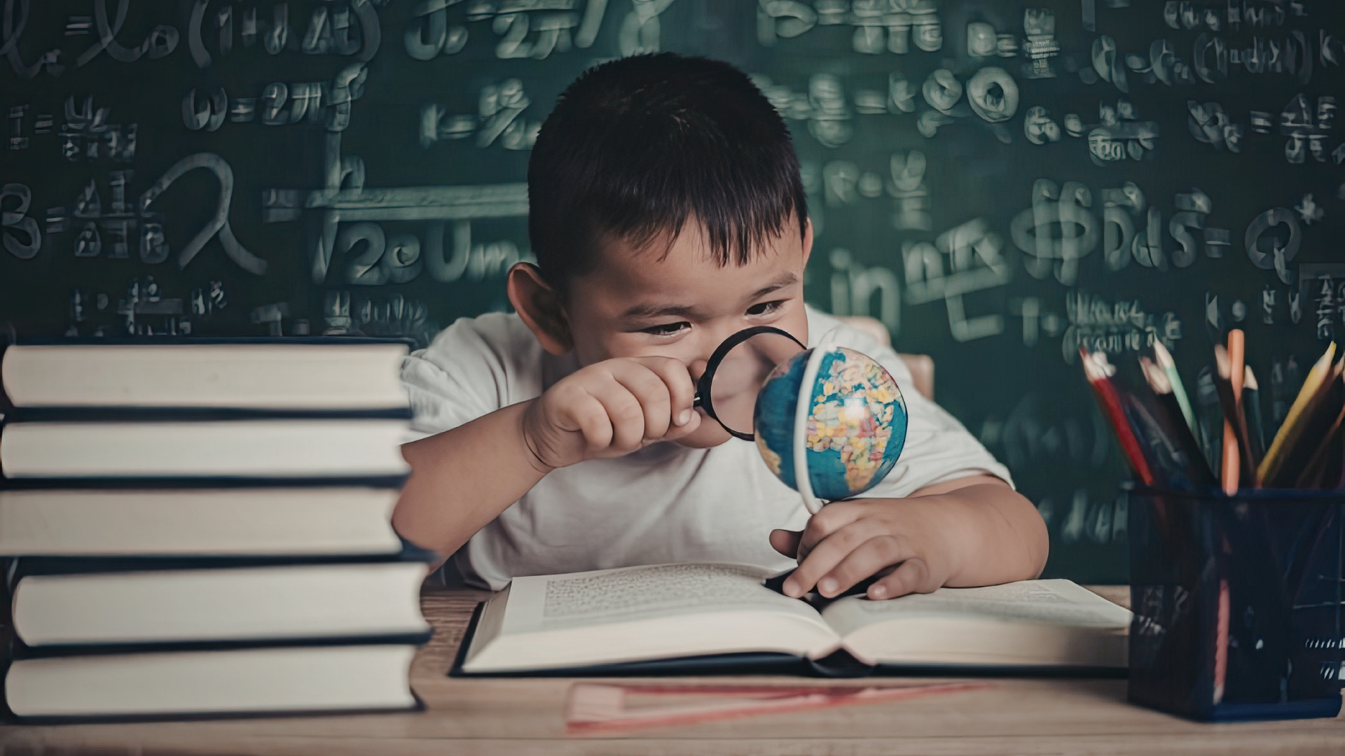Student peering into a globe at a desk with books and pencils in a classroom