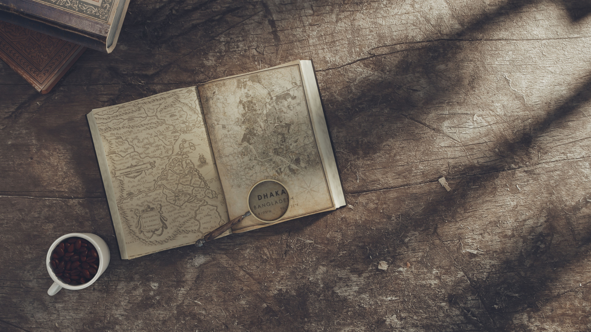 Open notebook with pencil and coffee cup on a sunlit wooden table
