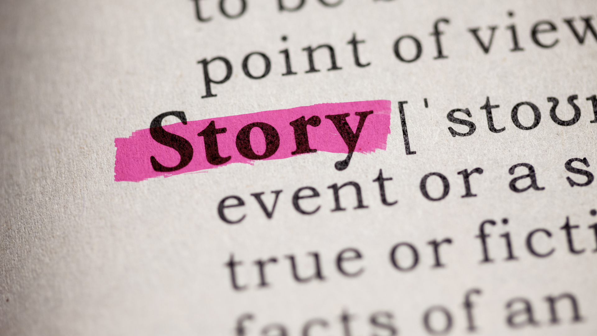 Word “Story” highlighted in pink in a printed dictionary page.