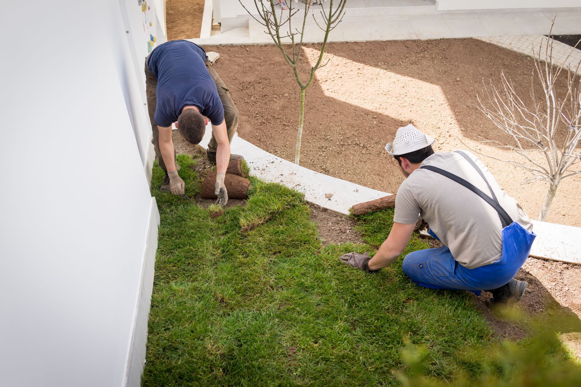 Two men are working on a lawn in a backyard.