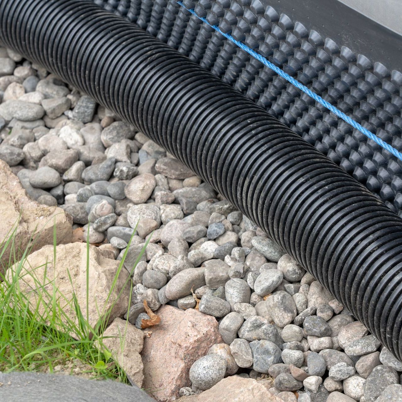 a black pipe is sitting on top of a pile of rocks .