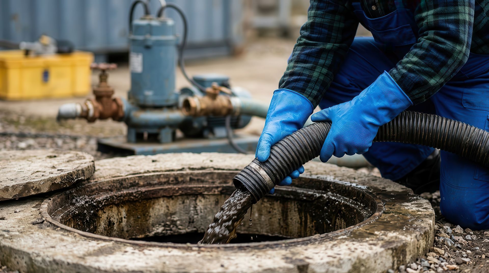 Technician pumping a residential septic tank 